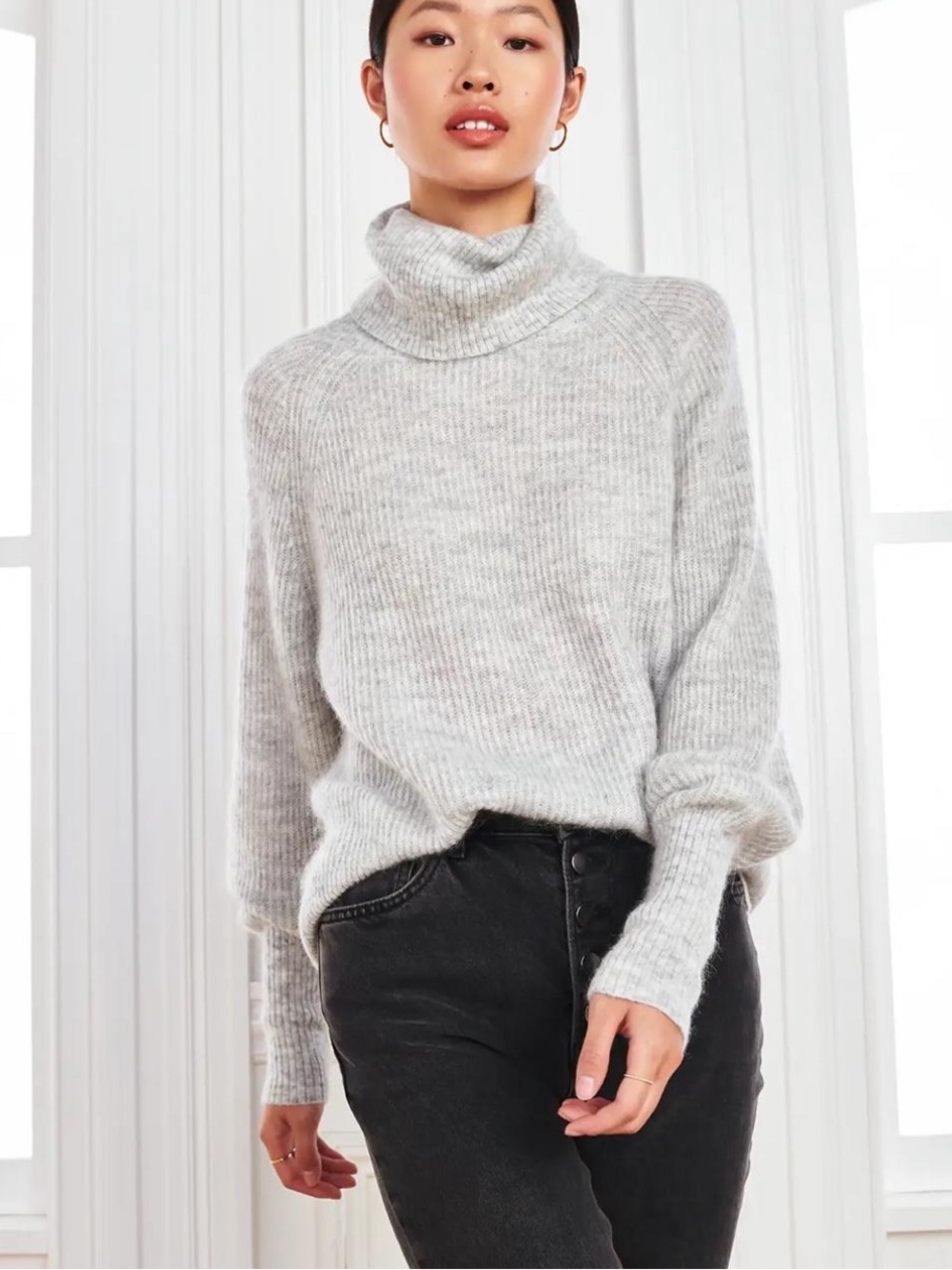 Quince Light Grey Ribbed Turtleneck Sweater